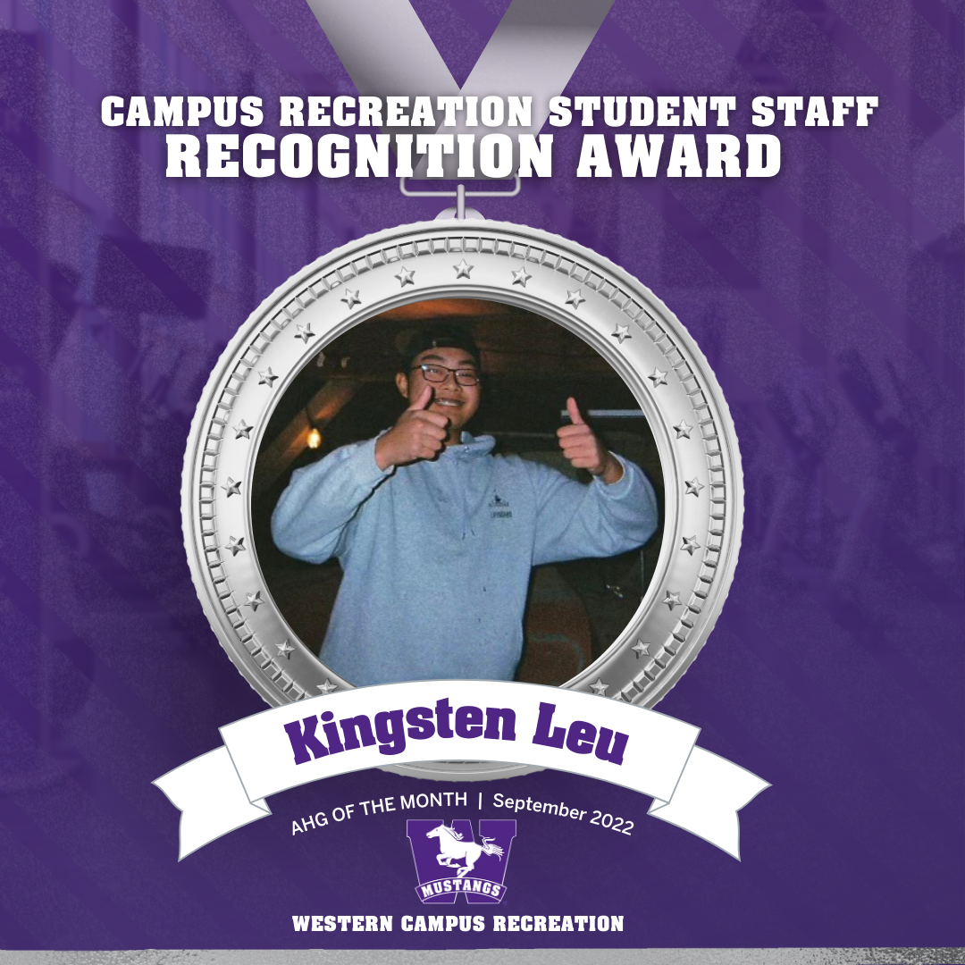 Head shot of Kingsten Leu inside a silver medal graphic that says Student Staff recognition award